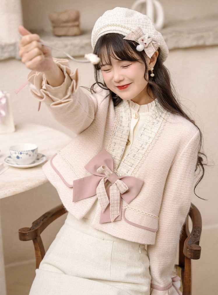 Ruffle Blouse + Tight Skirt + Tweed Ribbon Jacket