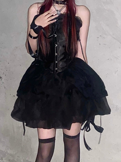 Cool Spicy Black Lace Up Bustier + Tulle Skirt