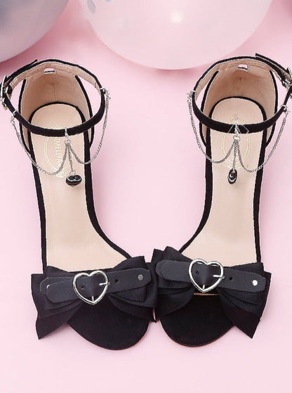 Dark Black Peach Heart Ribbon Shoes