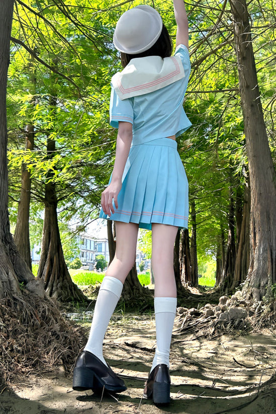 Anime Girl Light Blue Sailor Suit + Pleated Skirt