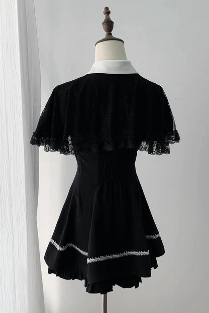 [pre-order Deadline: April 29] Black Gothic Cape Sleeve Cross Detail Ribbon Collar Dress Set