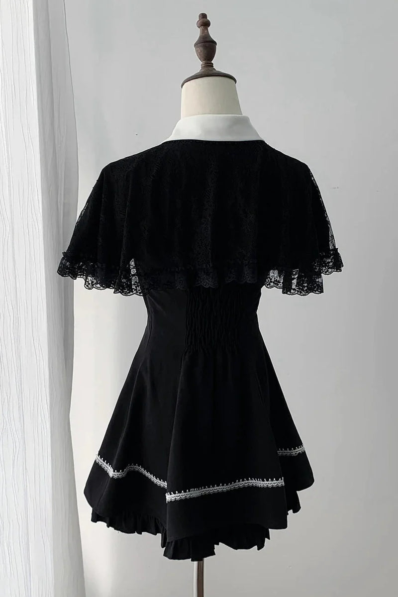 [pre-order Deadline: April 29] Black Gothic Cape Sleeve Cross Detail Ribbon Collar Dress Set