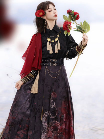 Fire China Long Coat + Top + Long Skirt