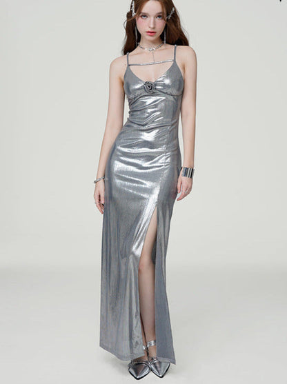 Cool Spicy Silver Slit Suspender High-end Dress