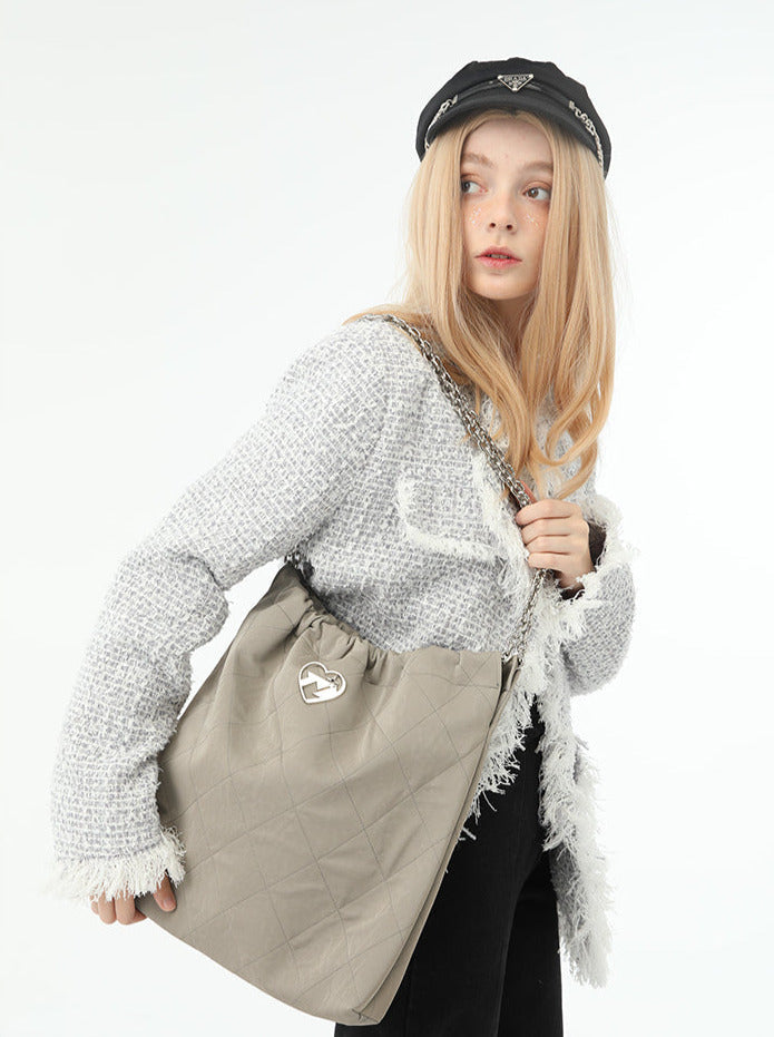 Cool Metal Diamond Quilted Leather Chain Tote Bag