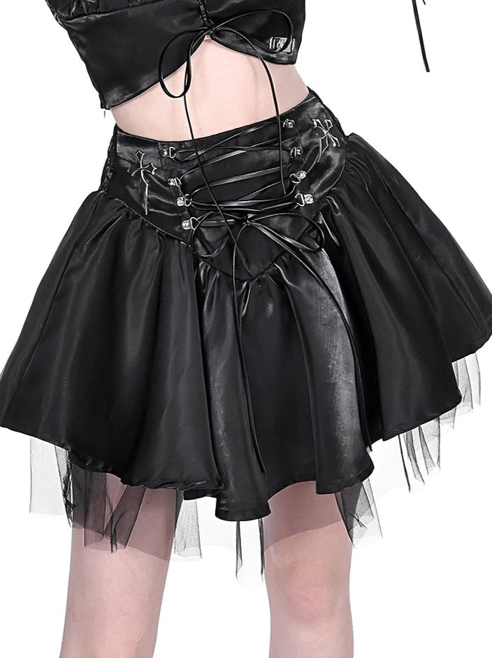 Cyberpunk Glitter Set Cross Neck Stole + Puff Sleeve Short Top + Lace Up Tulle Skirt