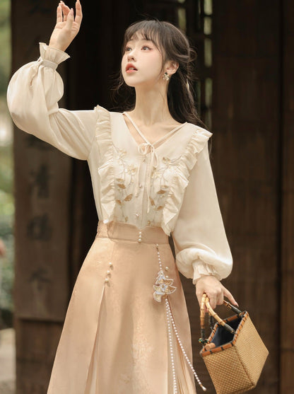 Chinese-style Lace Ruffled Blouse + Pleated Slit Long Skirt