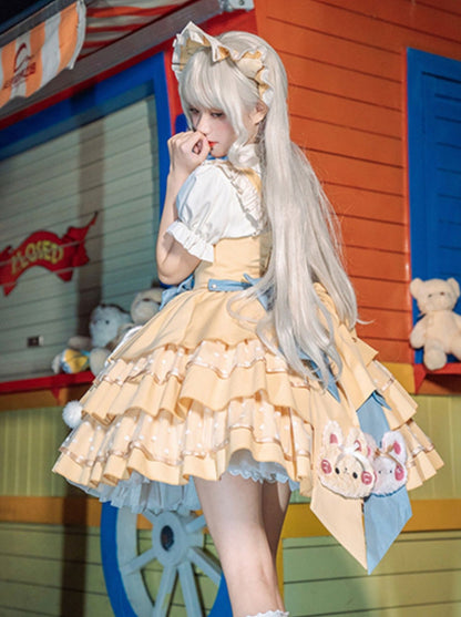 Doll Puff Sleeve Shirt + Bear Cheese Tiered Lolita Dress