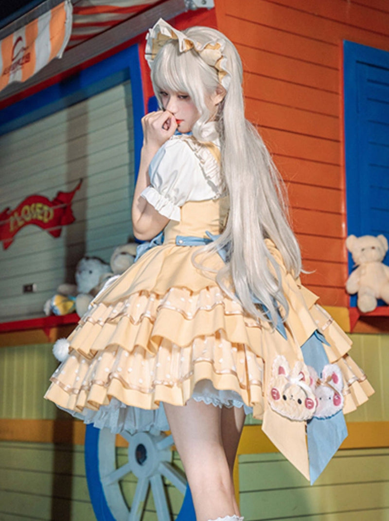 Doll Puff Sleeve Shirt + Bear Cheese Tiered Lolita Dress