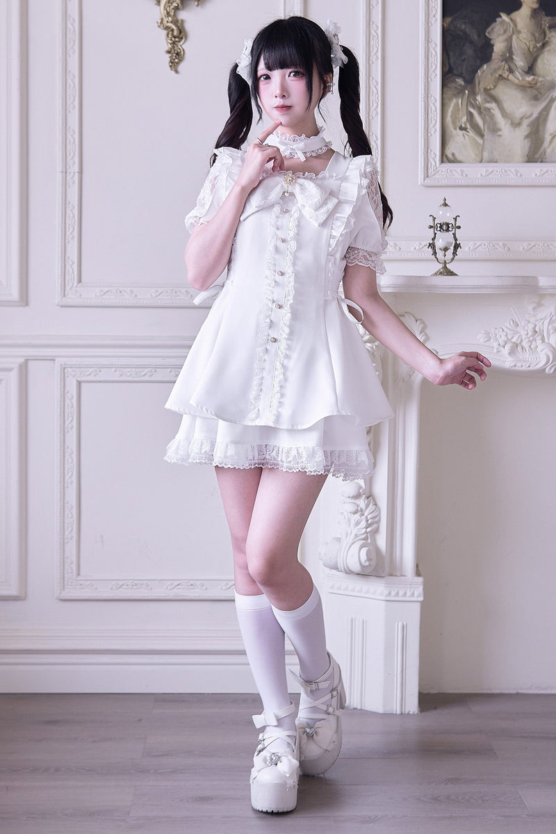 Jirai Stripe Lace Puff Sleeve Top + Short Skirt