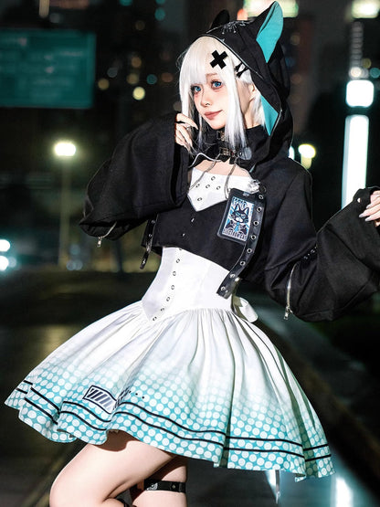 [pre-order] Daily Gothic Retro Punk Style Hooded Jacket + Pleated Jumper Skirt