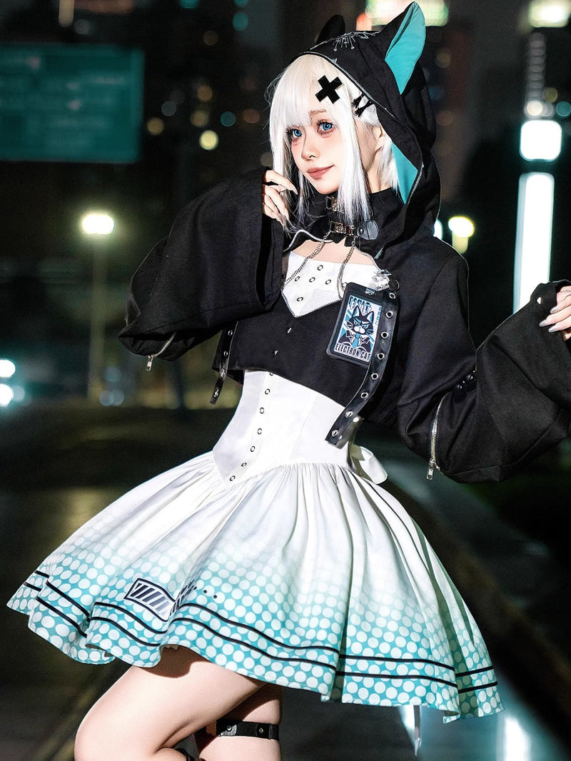 [pre-order] Daily Gothic Retro Punk Style Hooded Jacket + Pleated Jumper Skirt