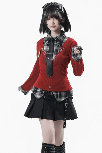 Checkered Top + Skirt + Tie