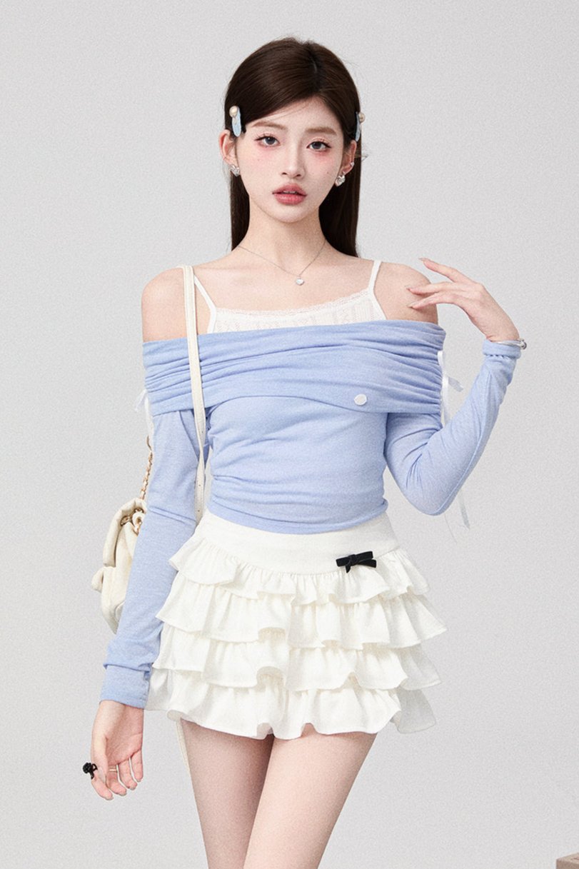 Bow One Shoulder Knit Top + Pleated Skirt + Ribbon Tiered Skirt