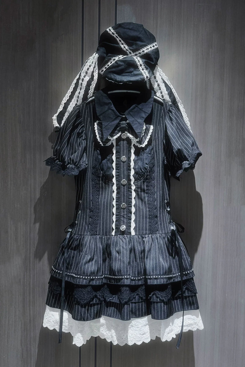 Dark Bat Collar Puff Sleeve Dress
