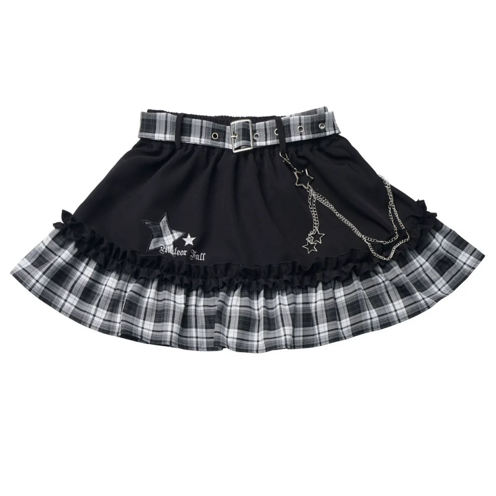 Off Shoulder Shirt + Plaid Skirt + Badge