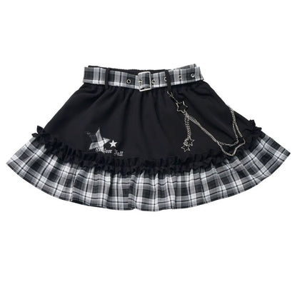 Off Shoulder Shirt + Plaid Skirt + Badge