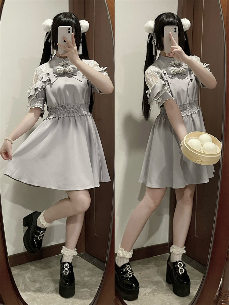 Chinese-style Lace Ribbon Off-shoulder Dress