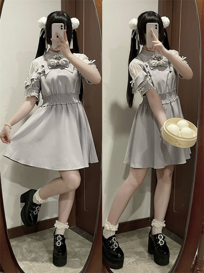 Chinese-style Lace Ribbon Off-shoulder Dress