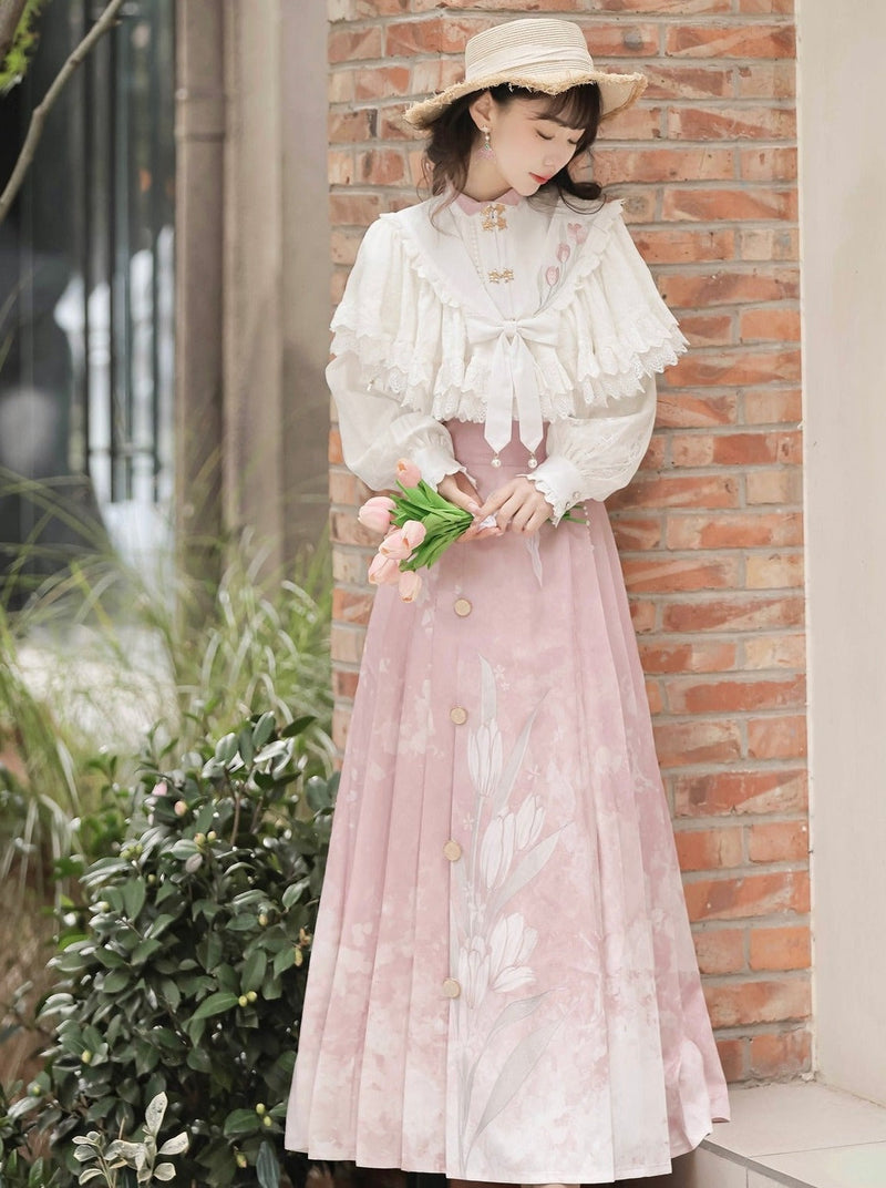 Sweet Chinese-style Blouse + Sweet Flower Pleated Skirt + Lace Ribbon Shawl