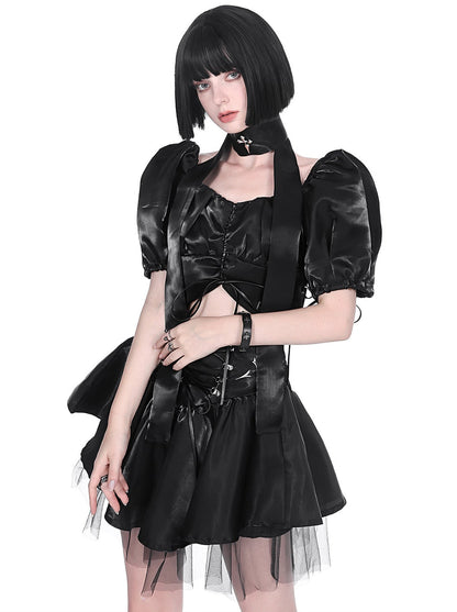 Cyberpunk Glitter Set Cross Neck Stole + Puff Sleeve Short Top + Lace Up Tulle Skirt