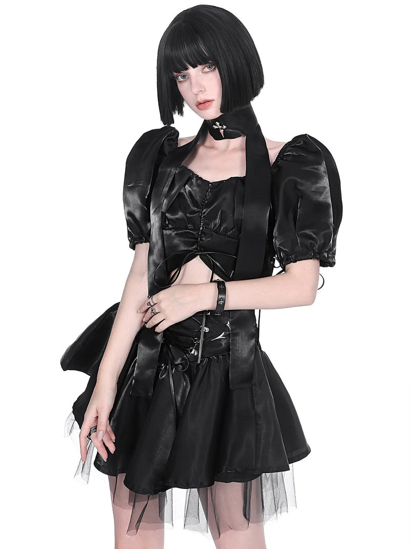 Cyberpunk Glitter Set Cross Neck Stole + Puff Sleeve Short Top + Lace Up Tulle Skirt
