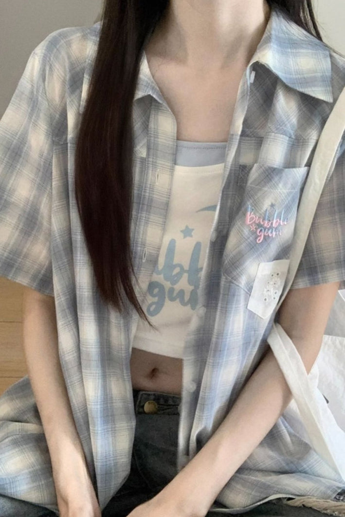 Plaid Shirt + Camisole + Denim Pants