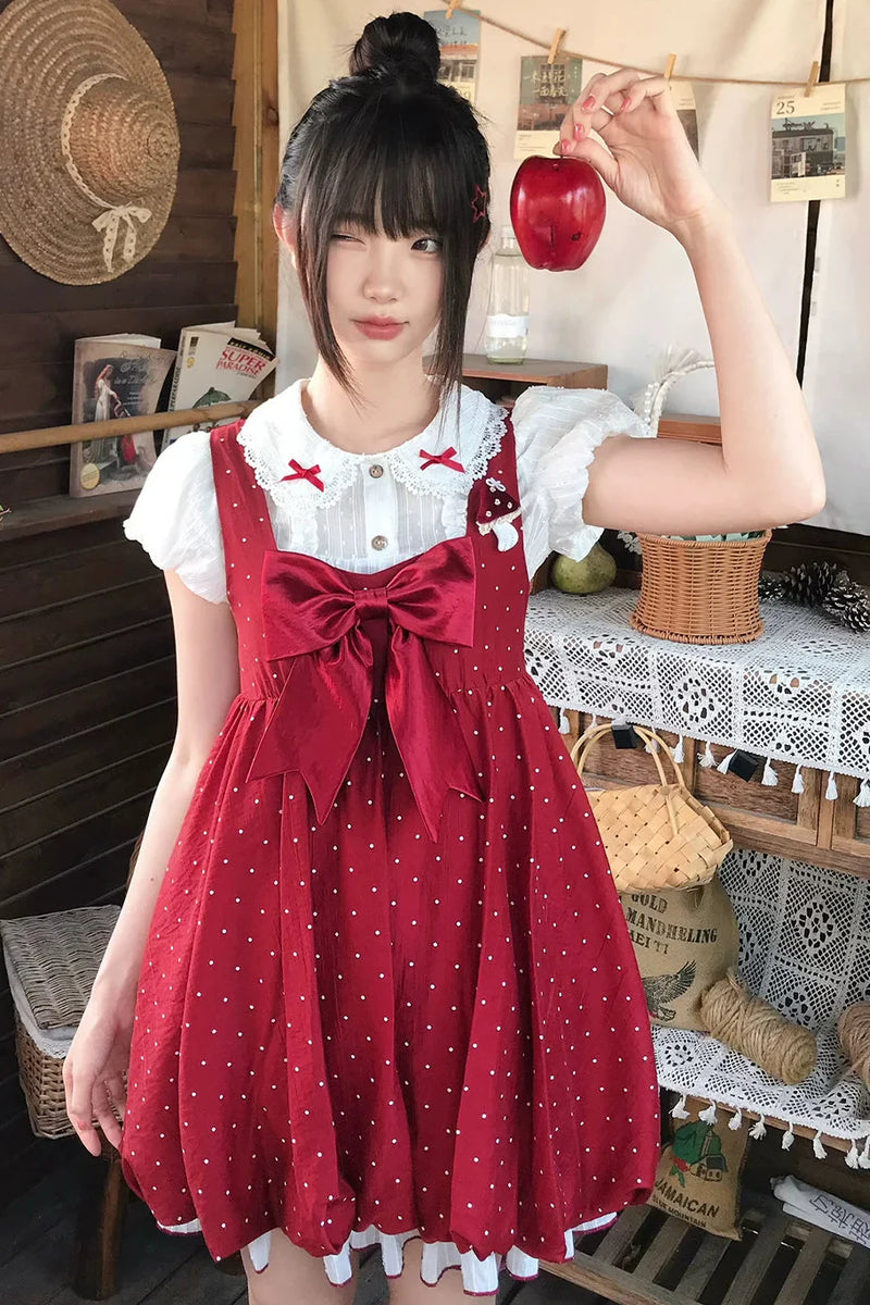Ribbon Collar Top + Polka Dot Suspender Skirt