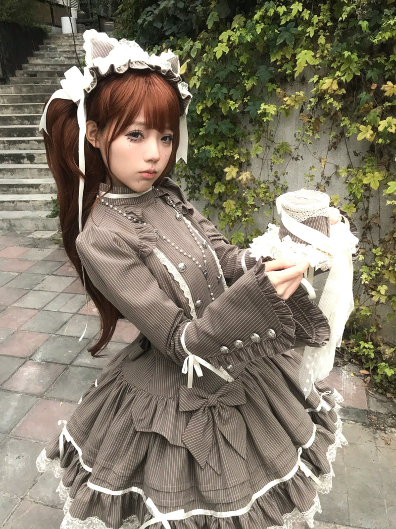 [pre-order Deadline: April 25] Phantom Cat Sweet Ribbon Stripe Lace Bell Sleeve Lolita Dress