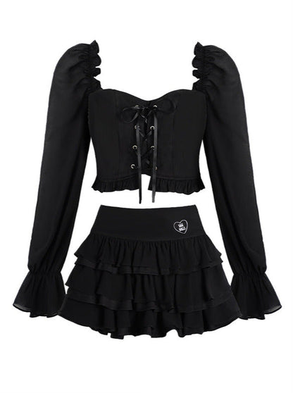 Lace-up Volume Sleeve Short Top + Tiered Skirt
