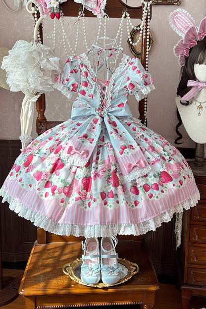 [pre-order Deadline: April 29] Strawberry Rabbit Print Lace Ribbon Sweet Dress + Complete Set