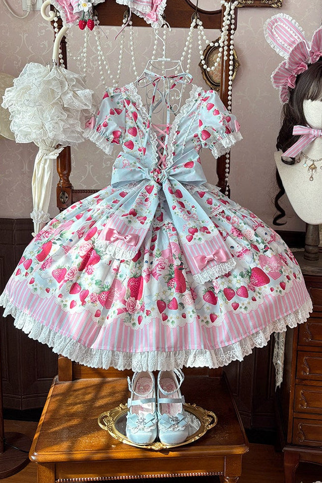 [pre-order Deadline: April 29] Strawberry Rabbit Print Lace Ribbon Sweet Dress + Complete Set