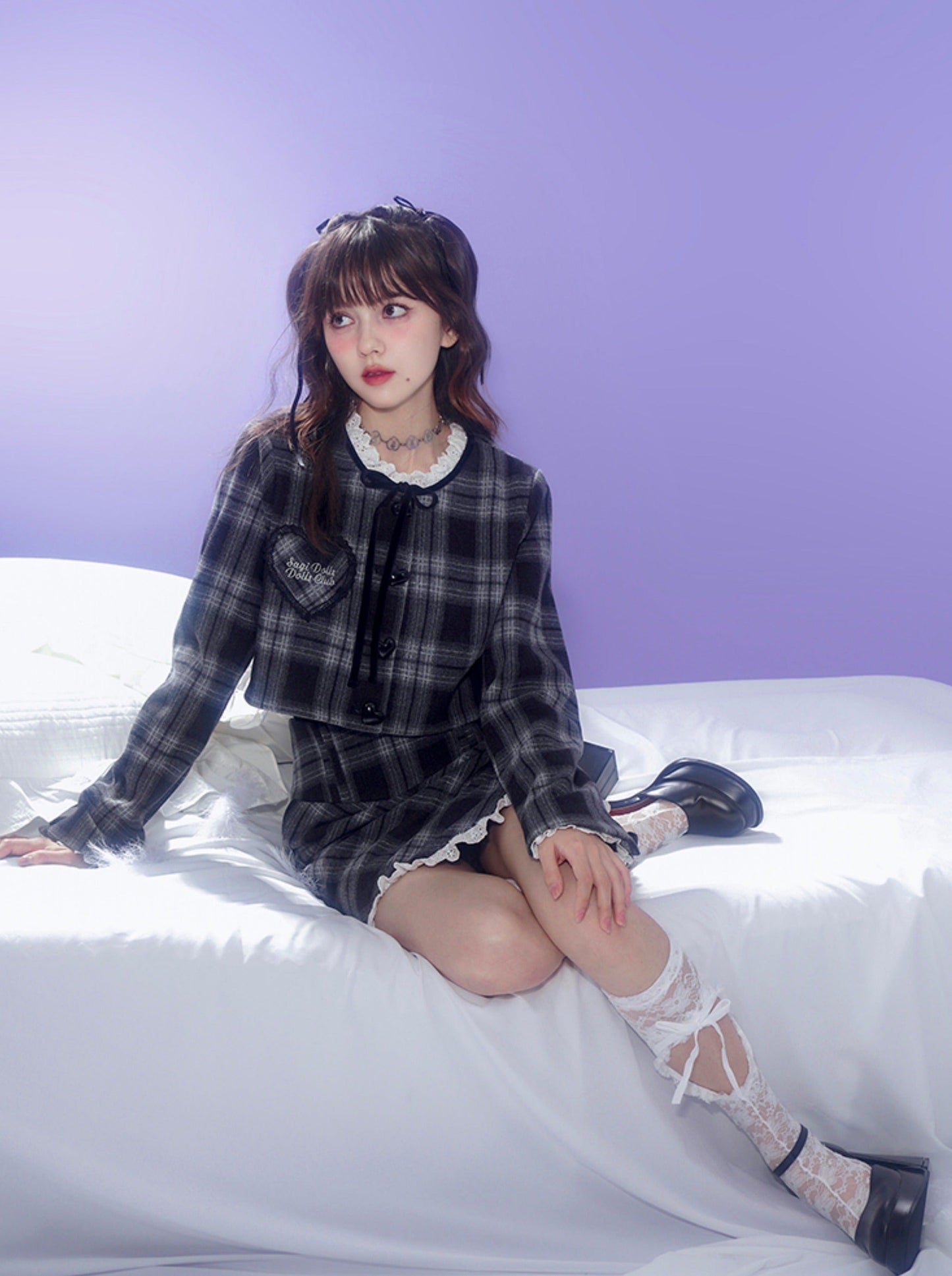 Dark Color Check Jacket + Lace Check Skirt