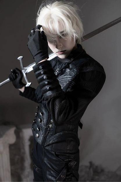 [pre-order Deadline: June 8] Phantom Knight Dark Gothic Prince Waist Button Detail Black Top