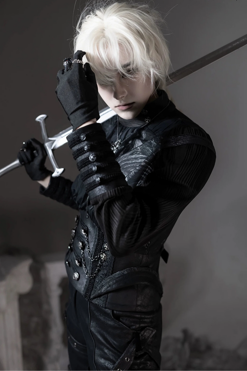 [pre-order Deadline: June 8] Phantom Knight Dark Gothic Prince Waist Button Detail Black Top