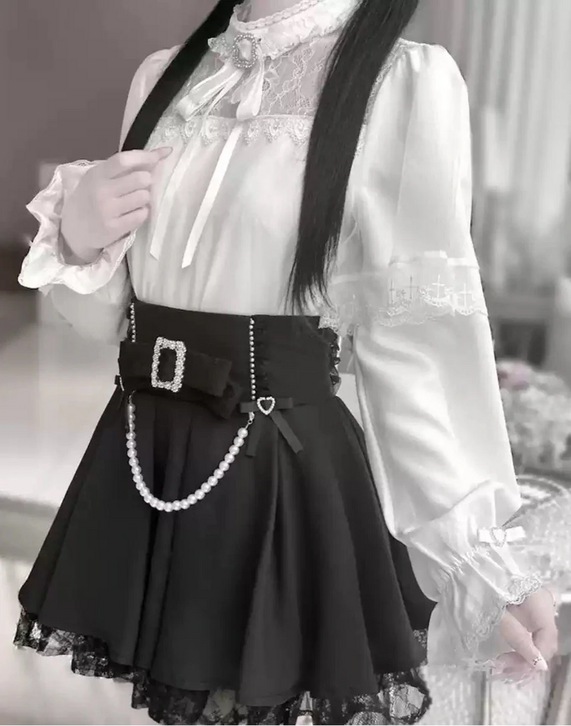 [pre-order] Mine Series Clear Lace Ribbon Top + Pearl Skirt Set