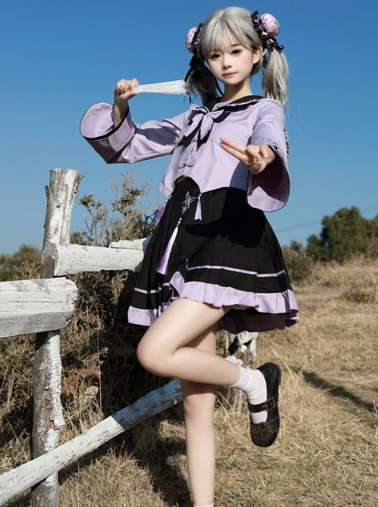 Chinese-style Sailor Top + Short Skirt + Long Skirt + Chain + Ribbon