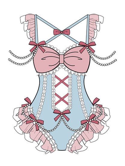 Ruffle Shoulder Pearl Ribbon Decoration Idol Style Swimsuit Dress