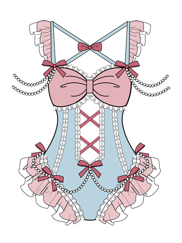 Ruffle Shoulder Pearl Ribbon Decoration Idol Style Swimsuit Dress