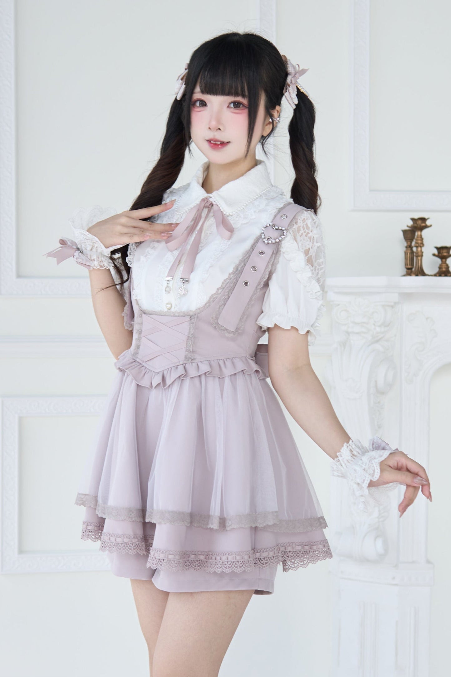 [pre-order] Spray Sheer Lace Sleeve Ribbon Shirt + Strap Bustier Dress