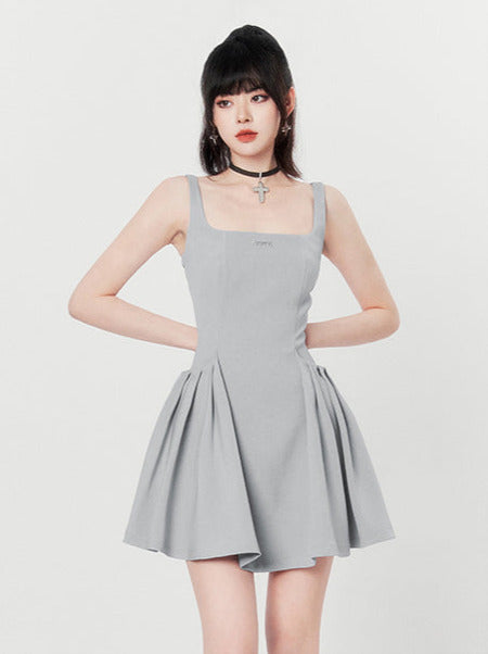 Hot Girl Black & Gray Square Neck French High End Suspender Dress