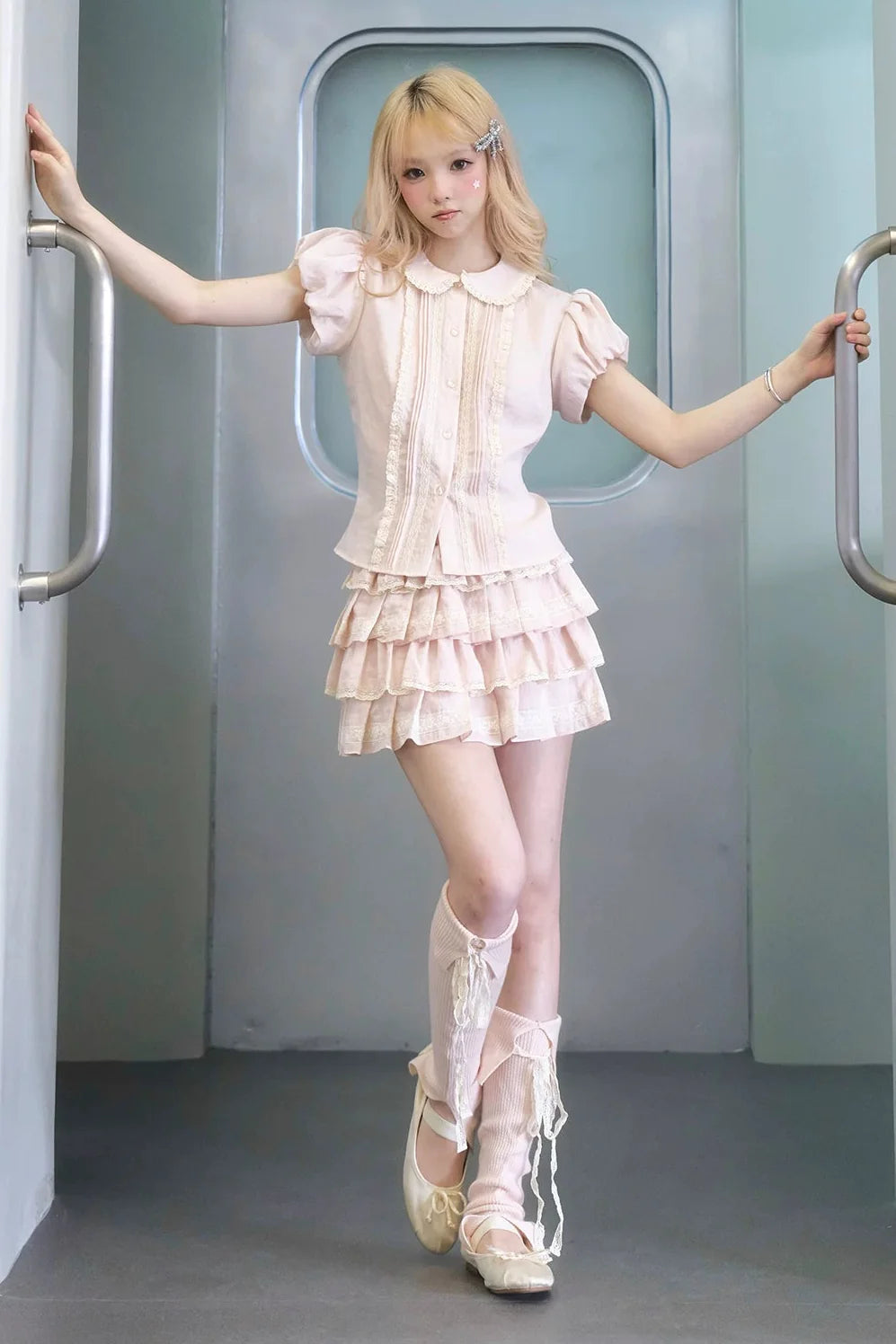 Peach Lace Doll Shirt + Tiered Skirt