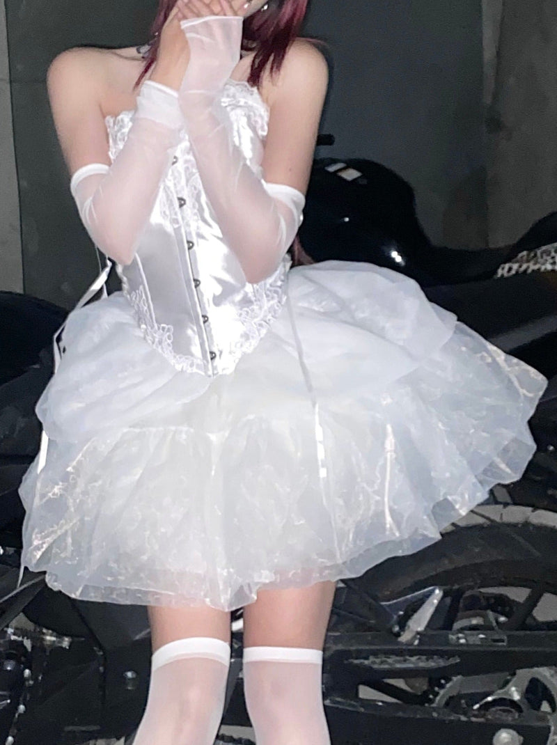 Fairy Lace Embroidery Lace-up Bustier Tulle Dress Set