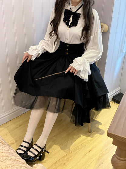 Retro Gothic Style Ribbon Tie Shirt + Irregular Tulle Skirt Suit