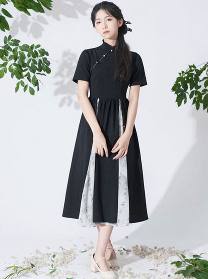 Retro Buckle Stand Collar High Waist Chinese-style Dress