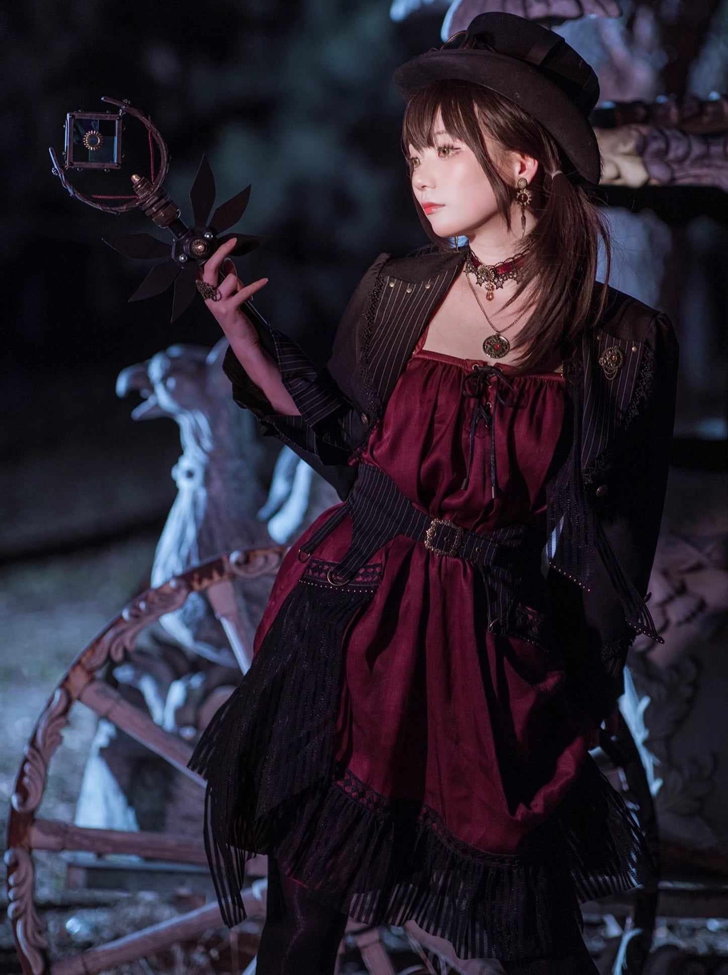 [pre-order] Wine Red Shoulder Strap Light Gothic Doll Asymmetric Dress