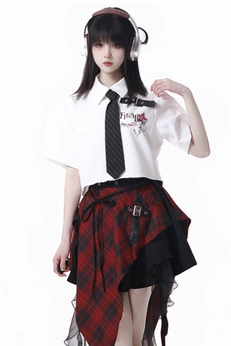 Contrast Shirt + Checkered Skirt + Black Skirt + Wide Pants + Tie