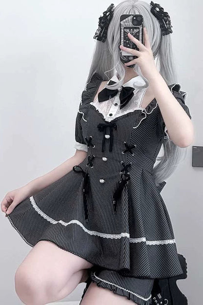 Striped Ribbon Jirai Top + Ruffle Pants