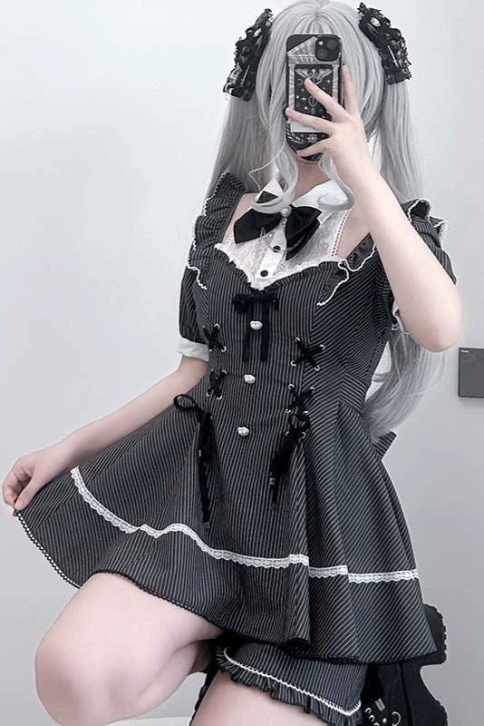 Striped Ribbon Jirai Top + Ruffle Pants