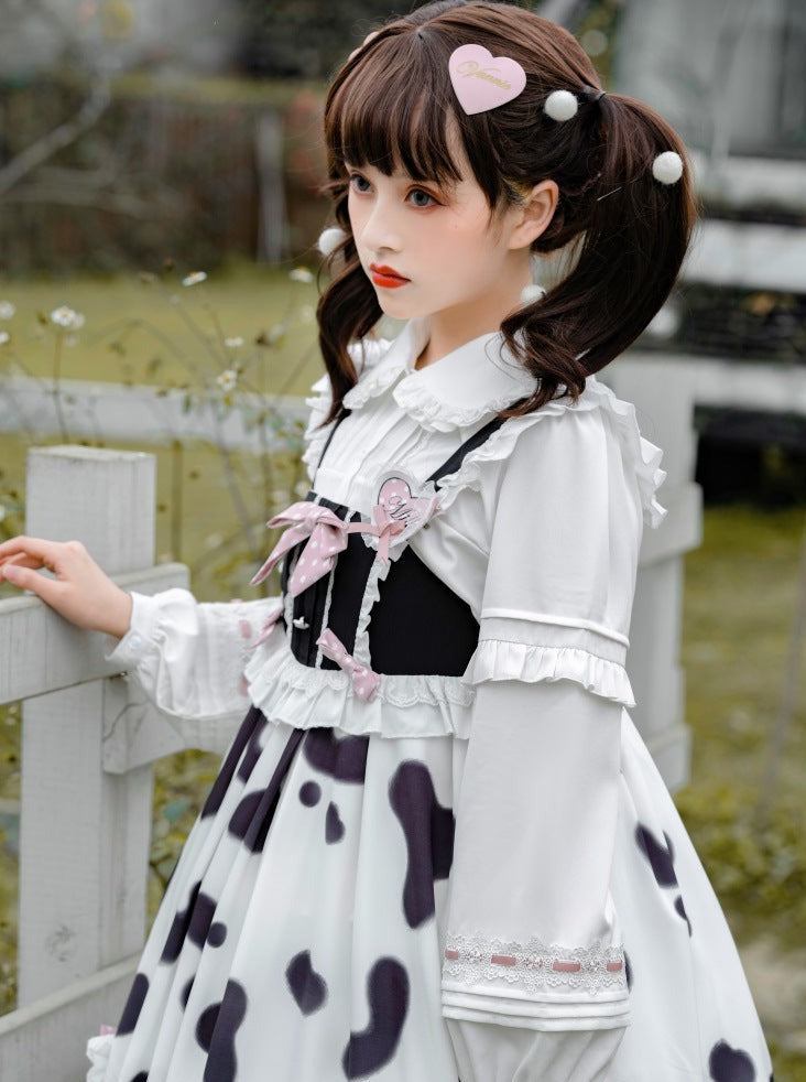Fur Coat + Cow Suspender Skirt + Blouse